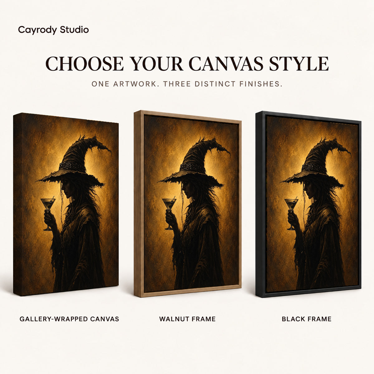 golden twilight witch canvas art compared across gallery-wrapped canvas, walnut frame, and black frame finishes.