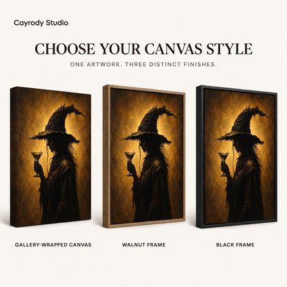 golden twilight witch canvas art compared across gallery-wrapped canvas, walnut frame, and black frame finishes.