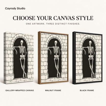leaning skeleton guest canvas art compared across gallery-wrapped canvas, walnut frame, and black frame finishes.