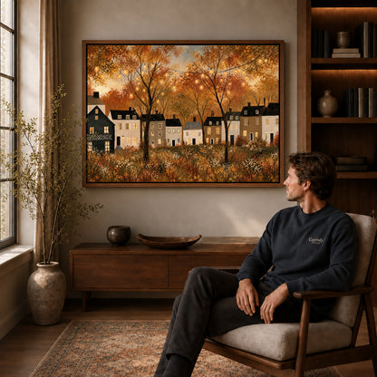 golden village lights canvas art in a walnut frame above a console beside a seated man.