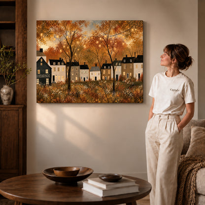 golden village lights canvas art on gallery-wrapped canvas with visible edge depth beside a standing woman.