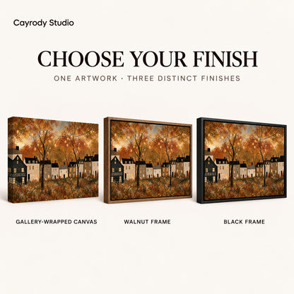 golden village lights canvas art compared across gallery-wrapped canvas, walnut frame, and black frame finishes.