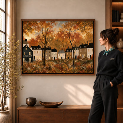 golden village lights canvas art shown in the walnut frame option within a warm living room.