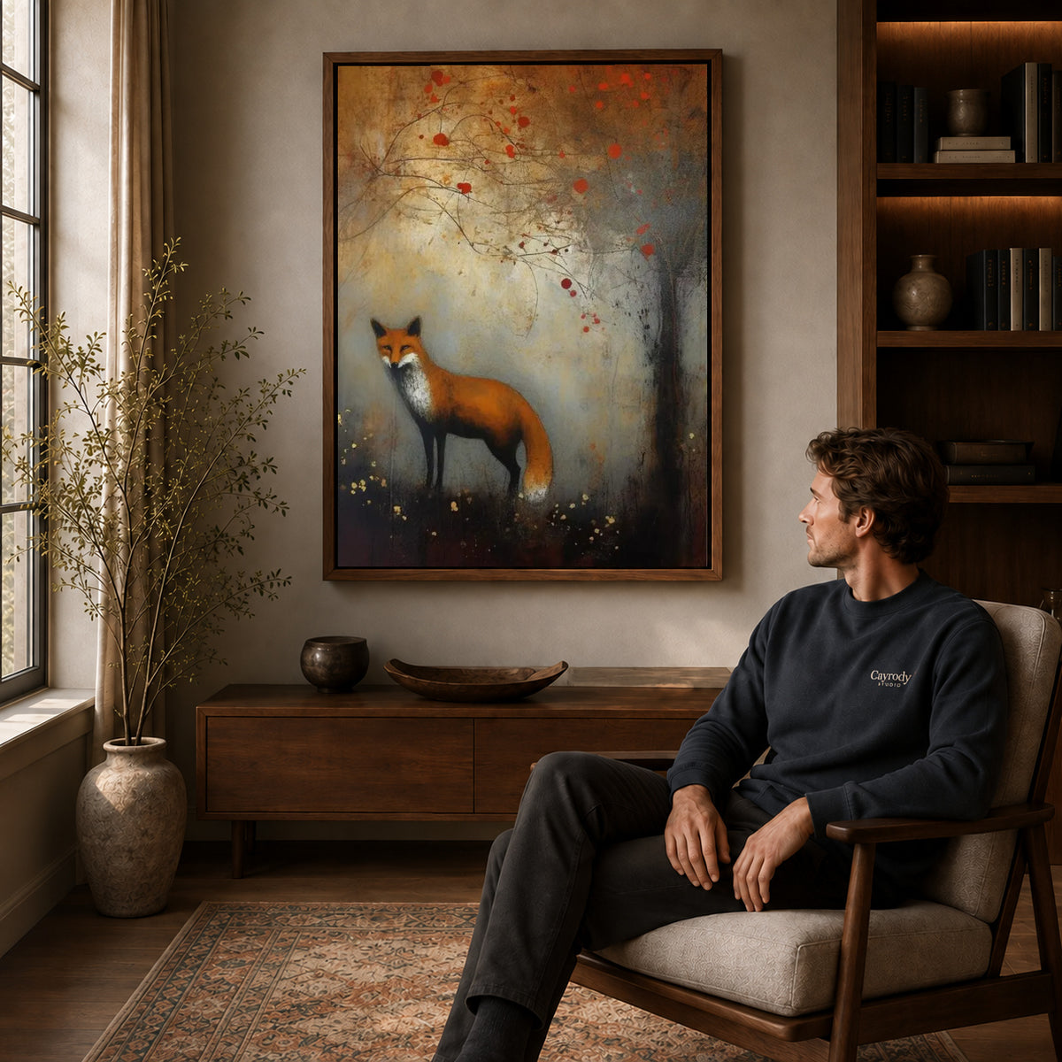 autumn woodland fox canvas art in a walnut frame above a console beside a seated man.