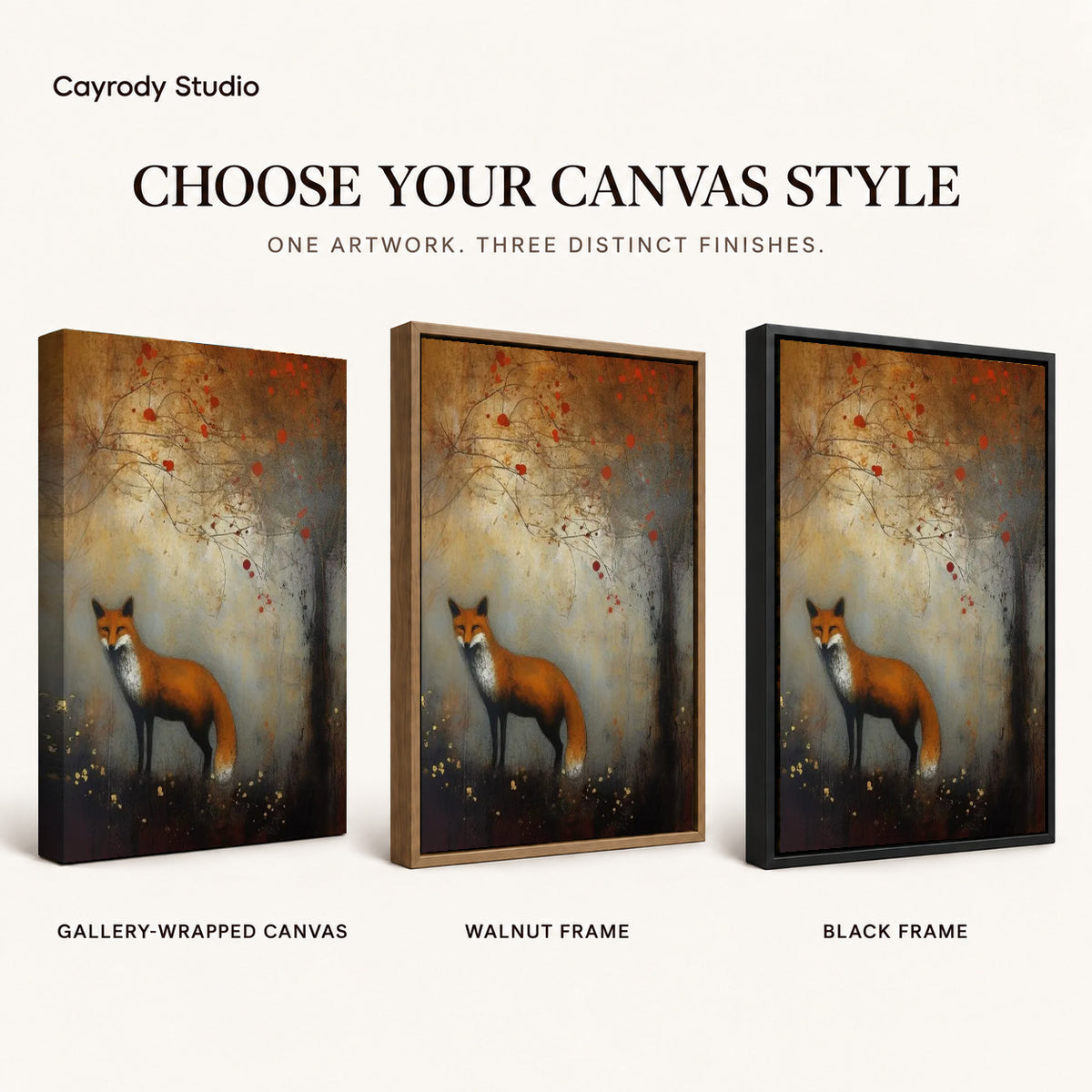 autumn woodland fox canvas art compared across gallery-wrapped canvas, walnut frame, and black frame finishes.