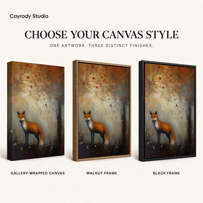 autumn woodland fox canvas art compared across gallery-wrapped canvas, walnut frame, and black frame finishes.