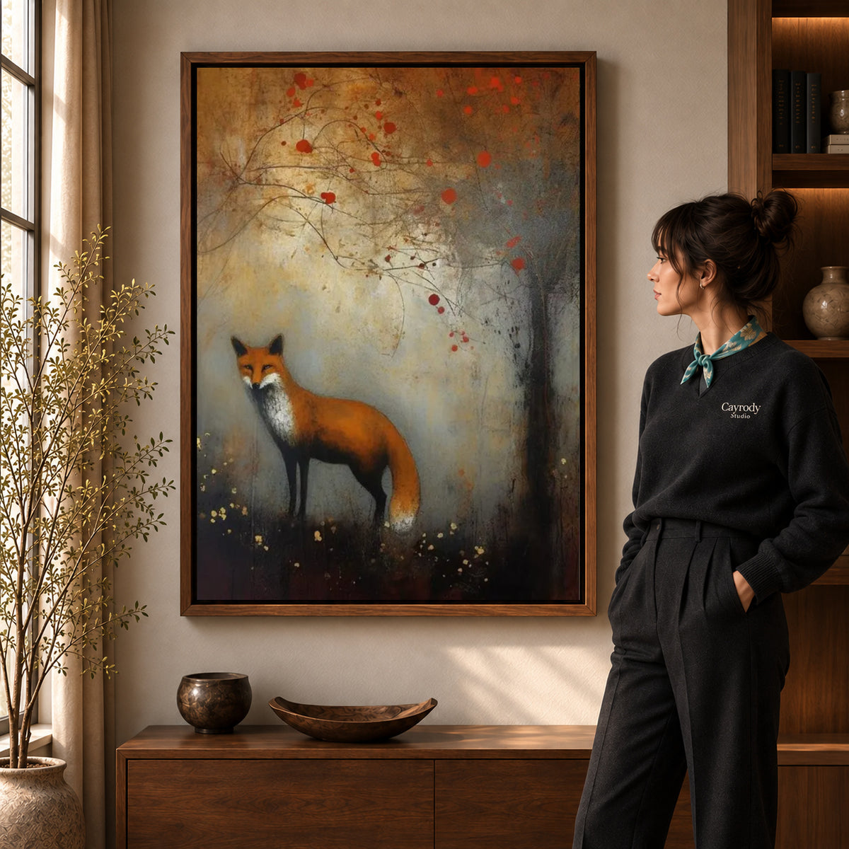 autumn woodland fox canvas art shown in the walnut frame option within a warm living room.