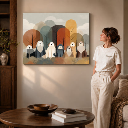 shaggy woodland companions canvas art on gallery-wrapped canvas with visible edge depth beside a standing woman.