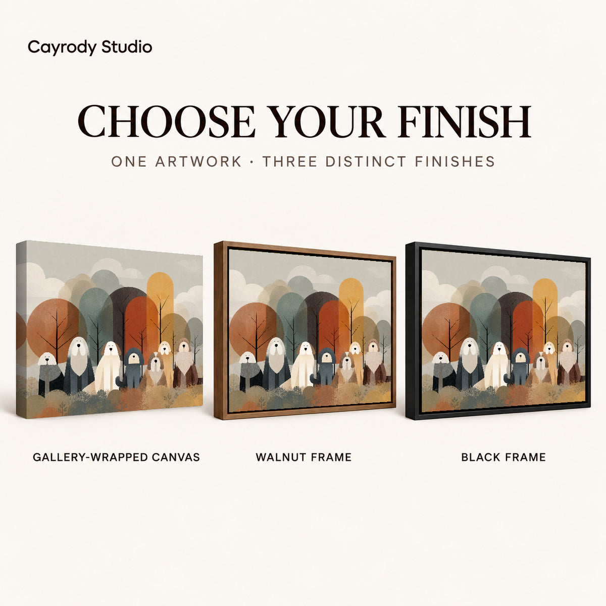 shaggy woodland companions canvas art compared across gallery-wrapped canvas, walnut frame, and black frame finishes.