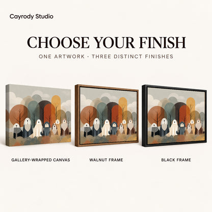 shaggy woodland companions canvas art compared across gallery-wrapped canvas, walnut frame, and black frame finishes.