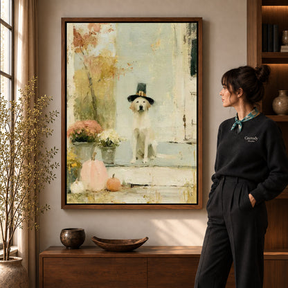 pilgrim porch dog canvas art in a walnut frame beside a standing woman and wooden console.