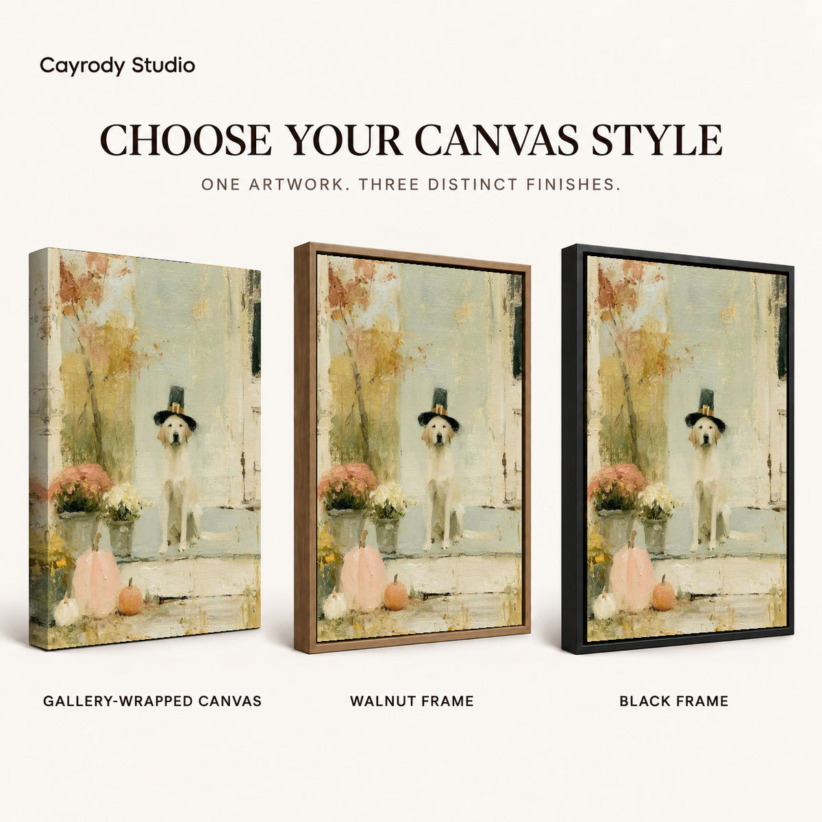 pilgrim porch dog canvas art compared across gallery-wrapped canvas, walnut frame, and black frame finishes.