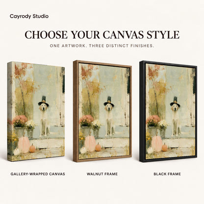 pilgrim porch dog canvas art compared across gallery-wrapped canvas, walnut frame, and black frame finishes.
