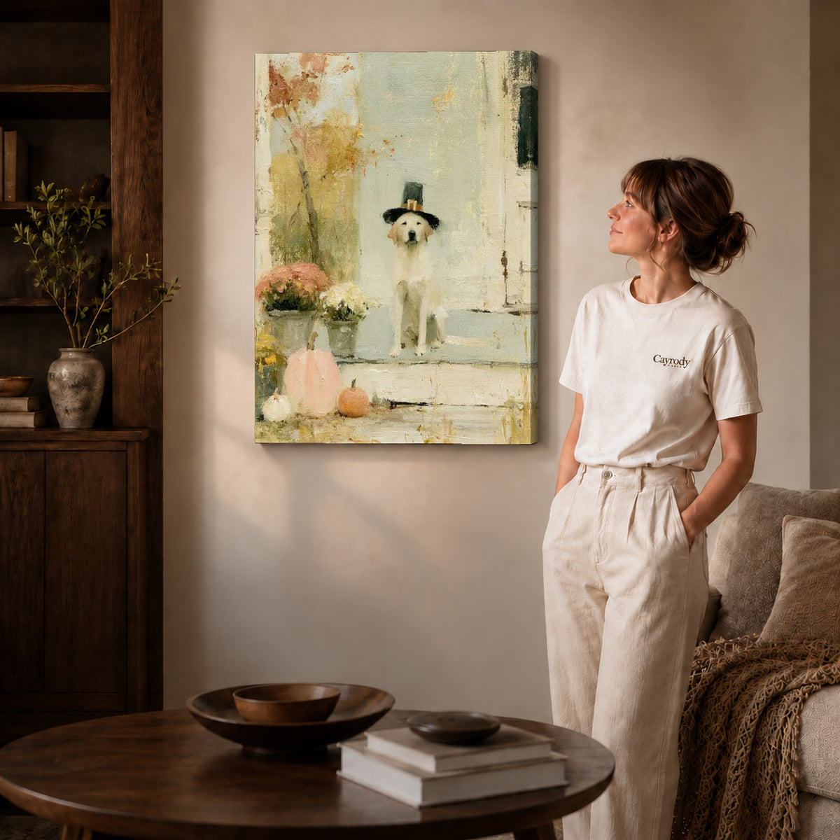 pilgrim porch dog canvas art shown in the gallery-wrapped option with visible depth and warm surroundings.