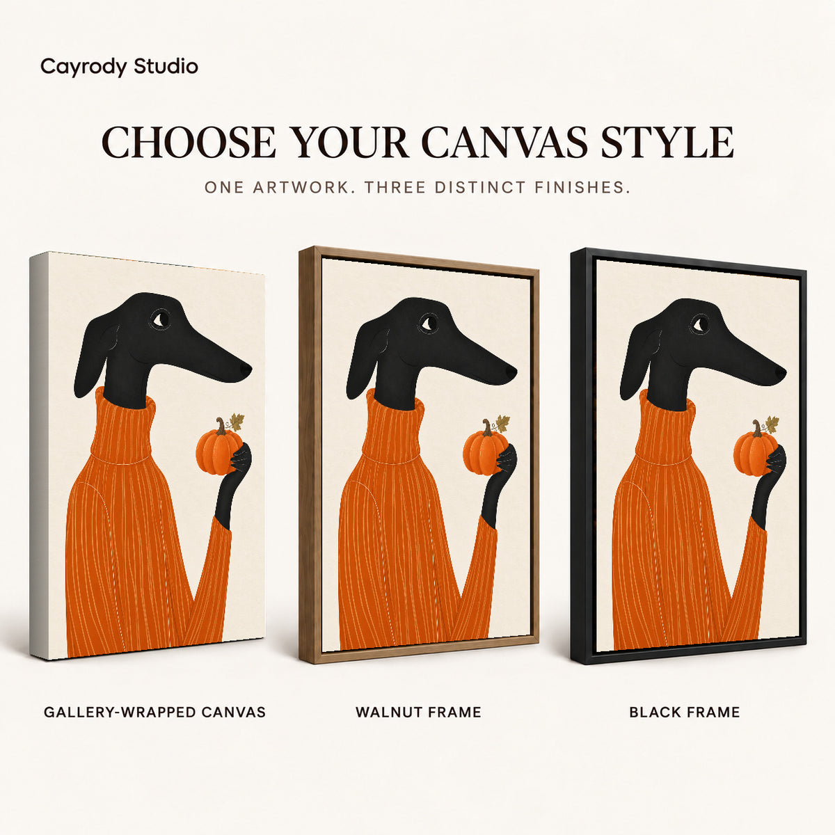 pumpkin sweater dachshund canvas art compared across gallery-wrapped canvas, walnut frame, and black frame finishes.