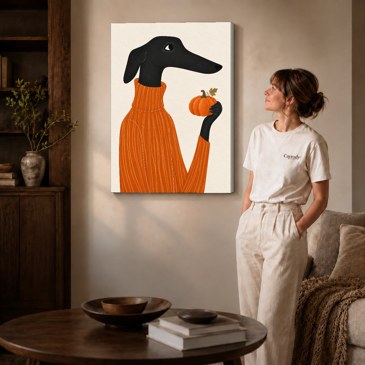 pumpkin sweater dachshund canvas art shown in the gallery-wrapped option with visible depth and warm surroundings.