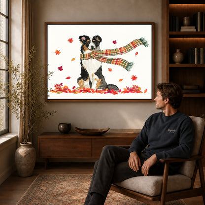 autumn scarf companion canvas art in a walnut frame above a console beside a seated man.