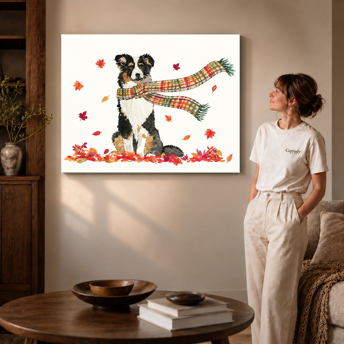 autumn scarf companion canvas art on gallery-wrapped canvas with visible edge depth beside a standing woman.
