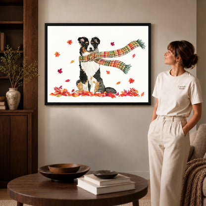 autumn scarf companion canvas art in a black frame beside a woman and round wooden table.