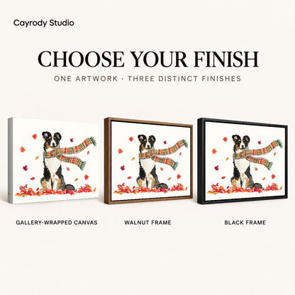autumn scarf companion canvas art compared across gallery-wrapped canvas, walnut frame, and black frame finishes.