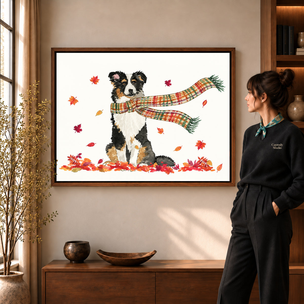 autumn scarf companion canvas art shown in the walnut frame option within a warm living room.