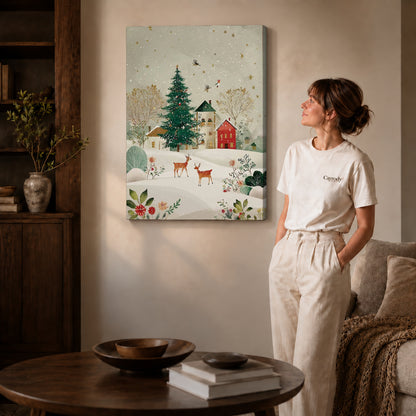 snowy village deer canvas art on gallery-wrapped canvas with natural edge shading beside a standing woman.