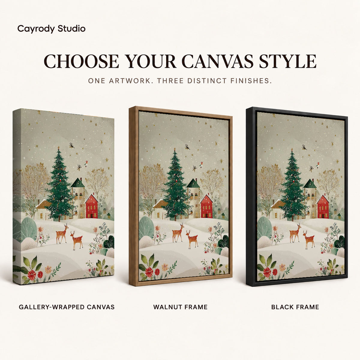 snowy village deer canvas art compared across gallery-wrapped canvas, walnut frame, and black frame finishes.