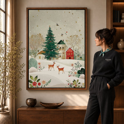 snowy village deer canvas art shown in the walnut frame option within a warm living room.