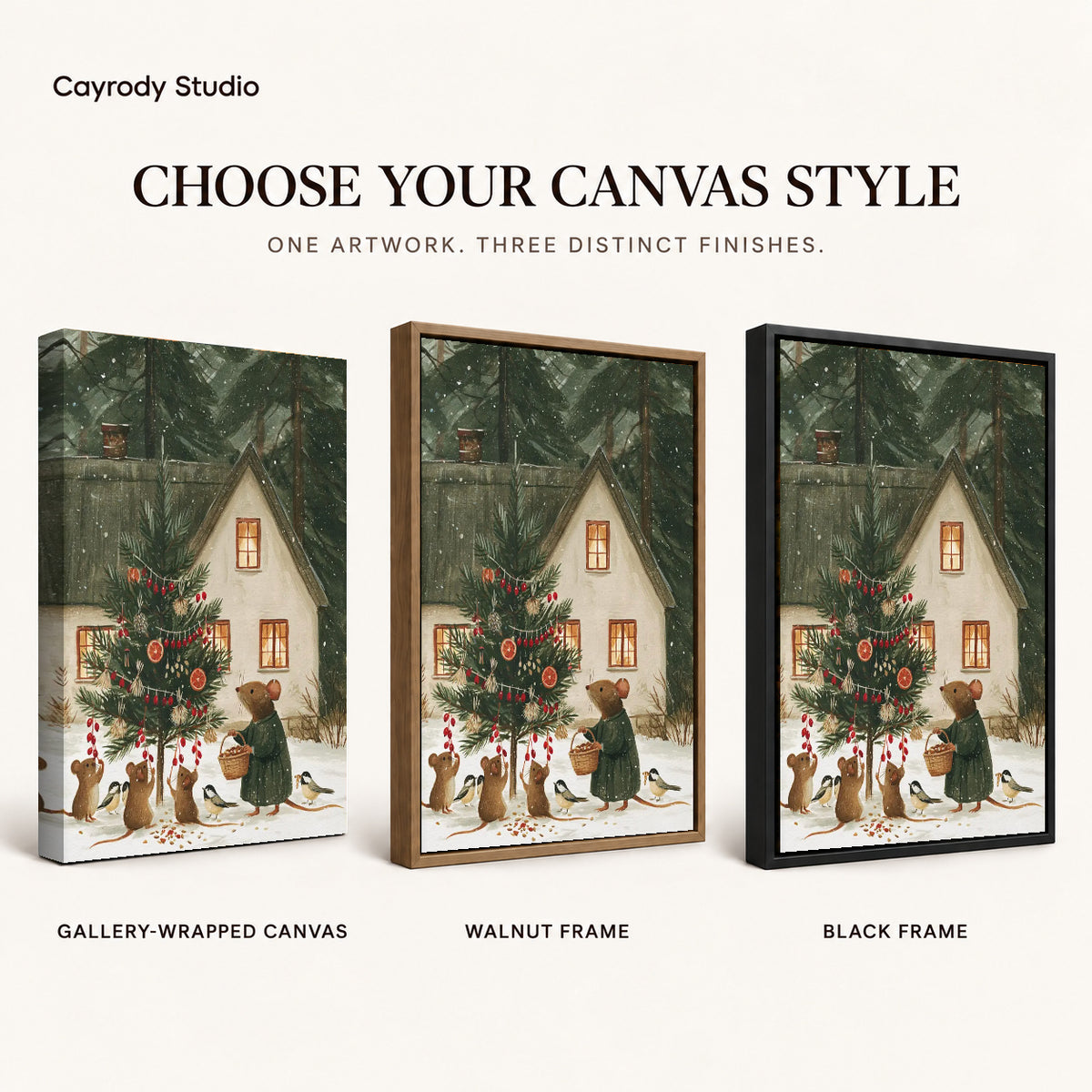 woodland christmas canvas art compared across gallery-wrapped canvas, walnut frame, and black frame finishes.
