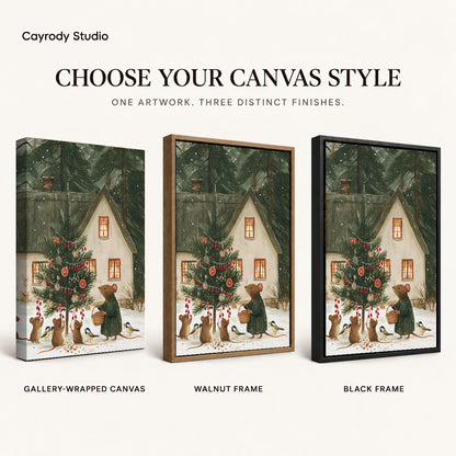 woodland christmas canvas art compared across gallery-wrapped canvas, walnut frame, and black frame finishes.