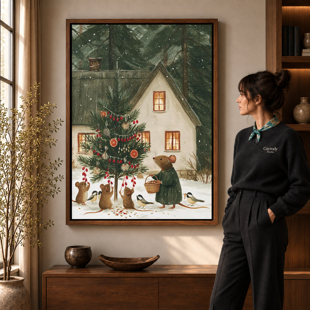 woodland christmas canvas art shown in the walnut frame option within a warm living room.