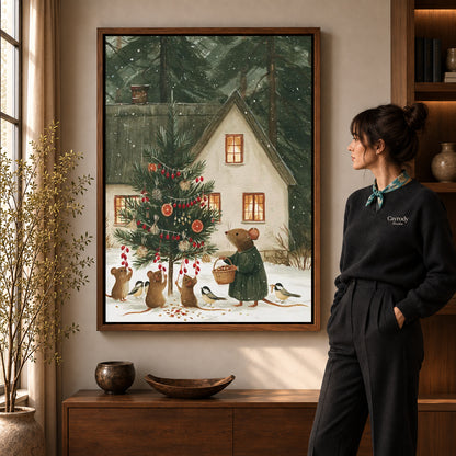 woodland christmas canvas art shown in the walnut frame option within a warm living room.