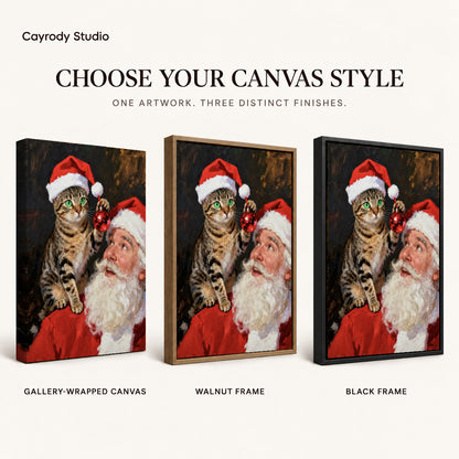 santa cat surprise canvas art compared across gallery-wrapped canvas, walnut frame, and black frame finishes.