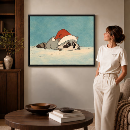 sleepy holiday raccoon canvas art in a black frame beside a woman and round wooden table.