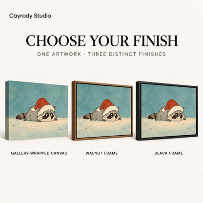 sleepy holiday raccoon canvas art compared across gallery-wrapped canvas, walnut frame, and black frame finishes.