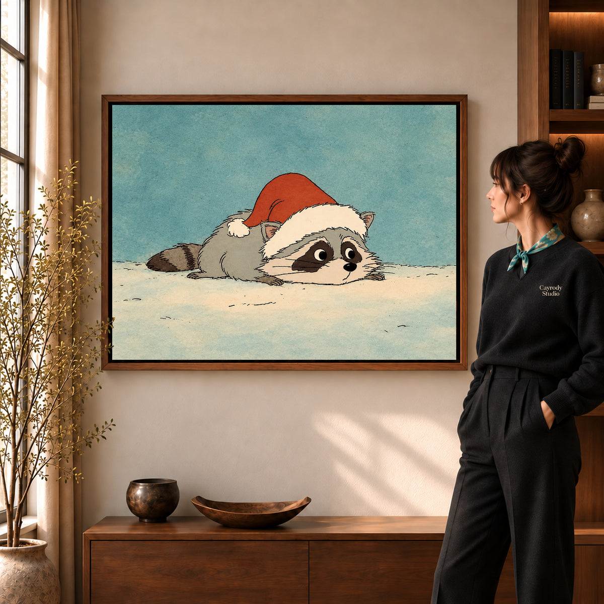 sleepy holiday raccoon canvas art shown in the walnut frame option within a warm living room.