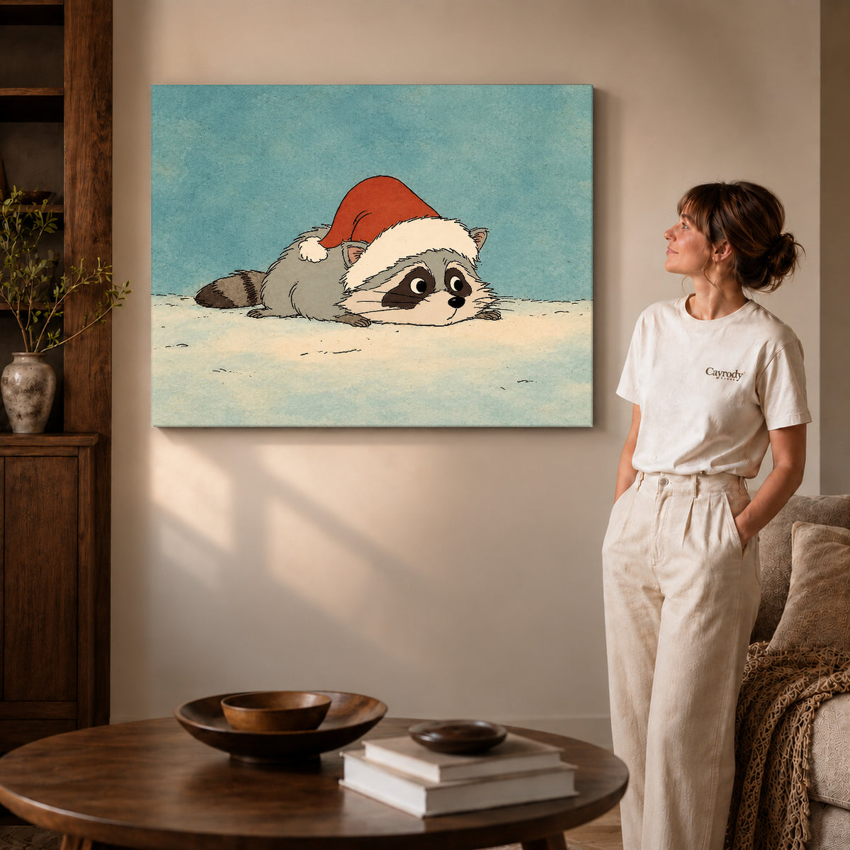 sleepy holiday raccoon canvas art shown in the gallery-wrapped option with natural side shading and warm surroundings.