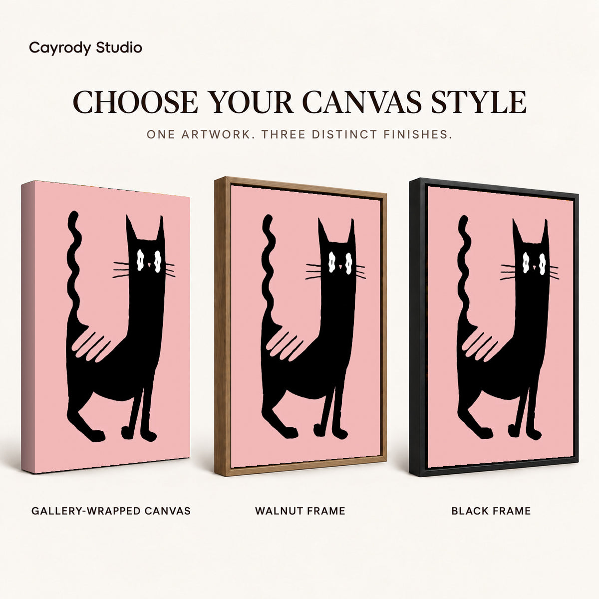 wavy tail cat canvas art compared across gallery-wrapped canvas, walnut frame, and black frame finishes.