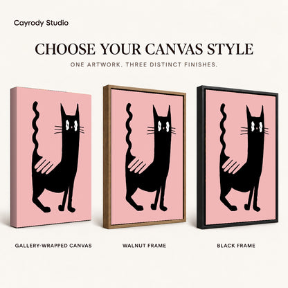 wavy tail cat canvas art compared across gallery-wrapped canvas, walnut frame, and black frame finishes.