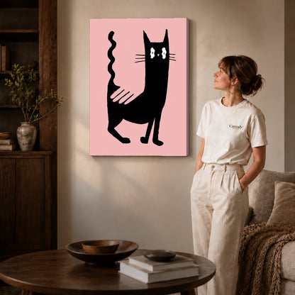 wavy tail cat canvas art shown in the gallery-wrapped option with visible depth and warm surroundings.