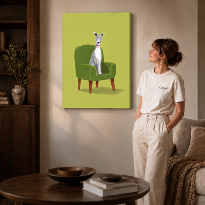 whippet favorite chair canvas art on gallery-wrapped canvas with natural edge shading beside a standing woman.