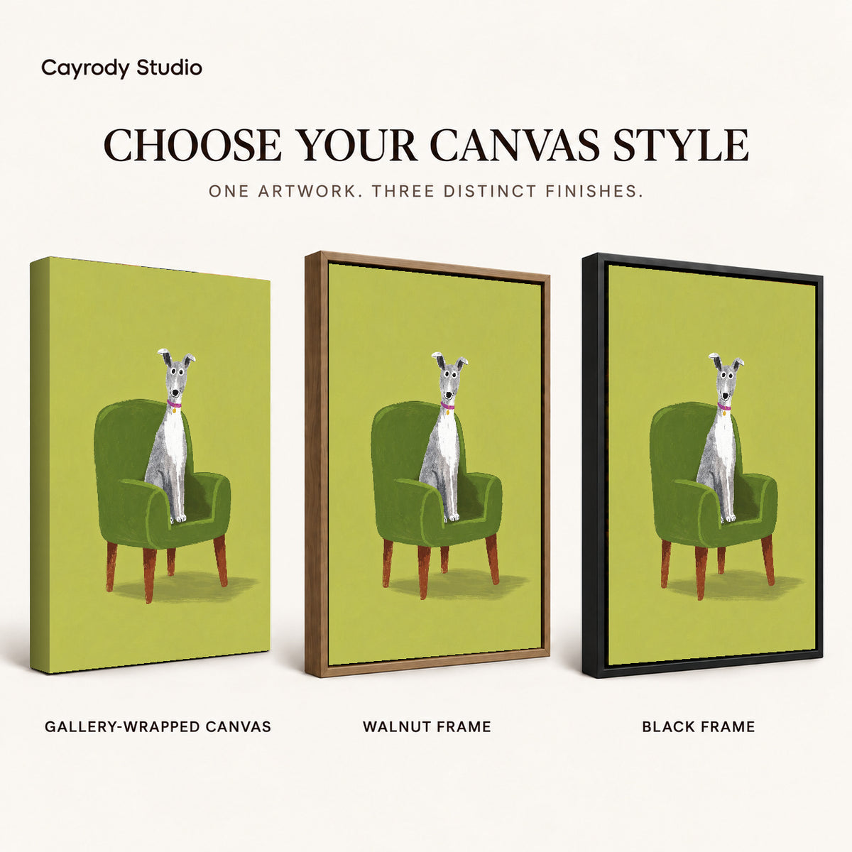 whippet favorite chair canvas art compared across gallery-wrapped canvas, walnut frame, and black frame finishes.