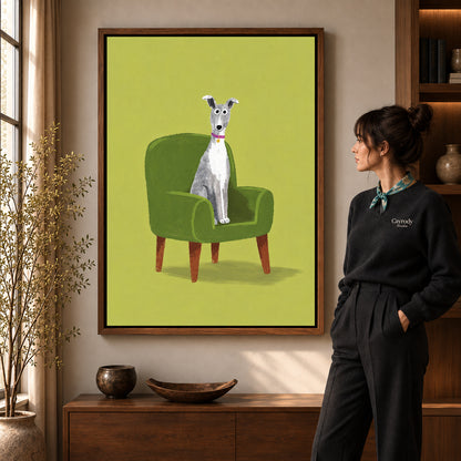whippet favorite chair canvas art shown in the walnut frame option within a warm living room.