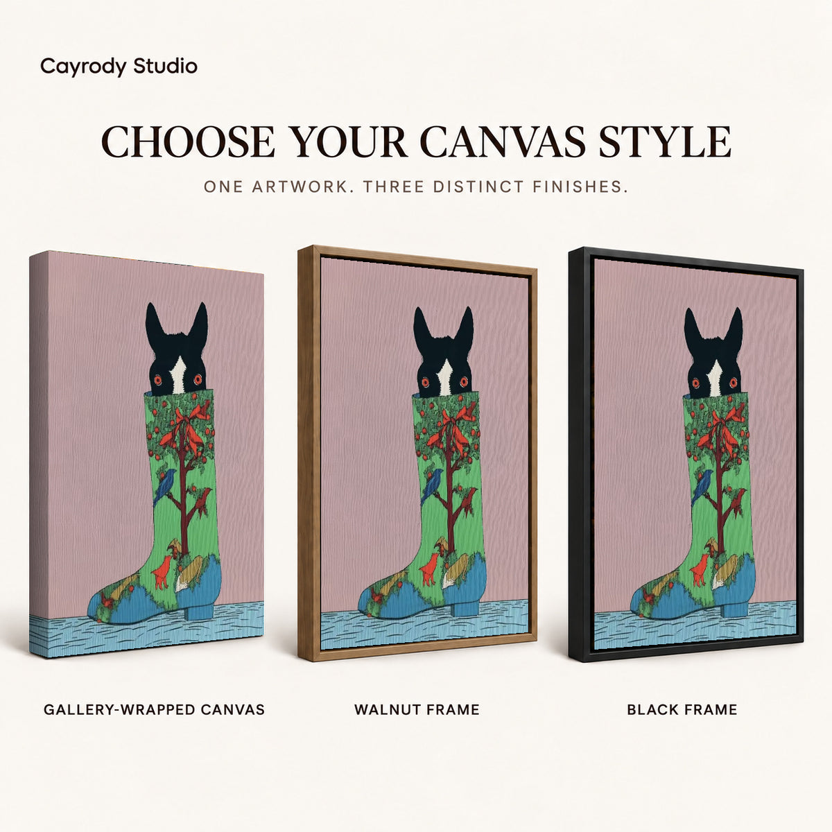 christmas stocking pup canvas art compared across gallery-wrapped canvas, walnut frame, and black frame finishes.