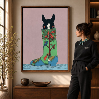 christmas stocking pup canvas art shown in the walnut frame option within a warm living room.