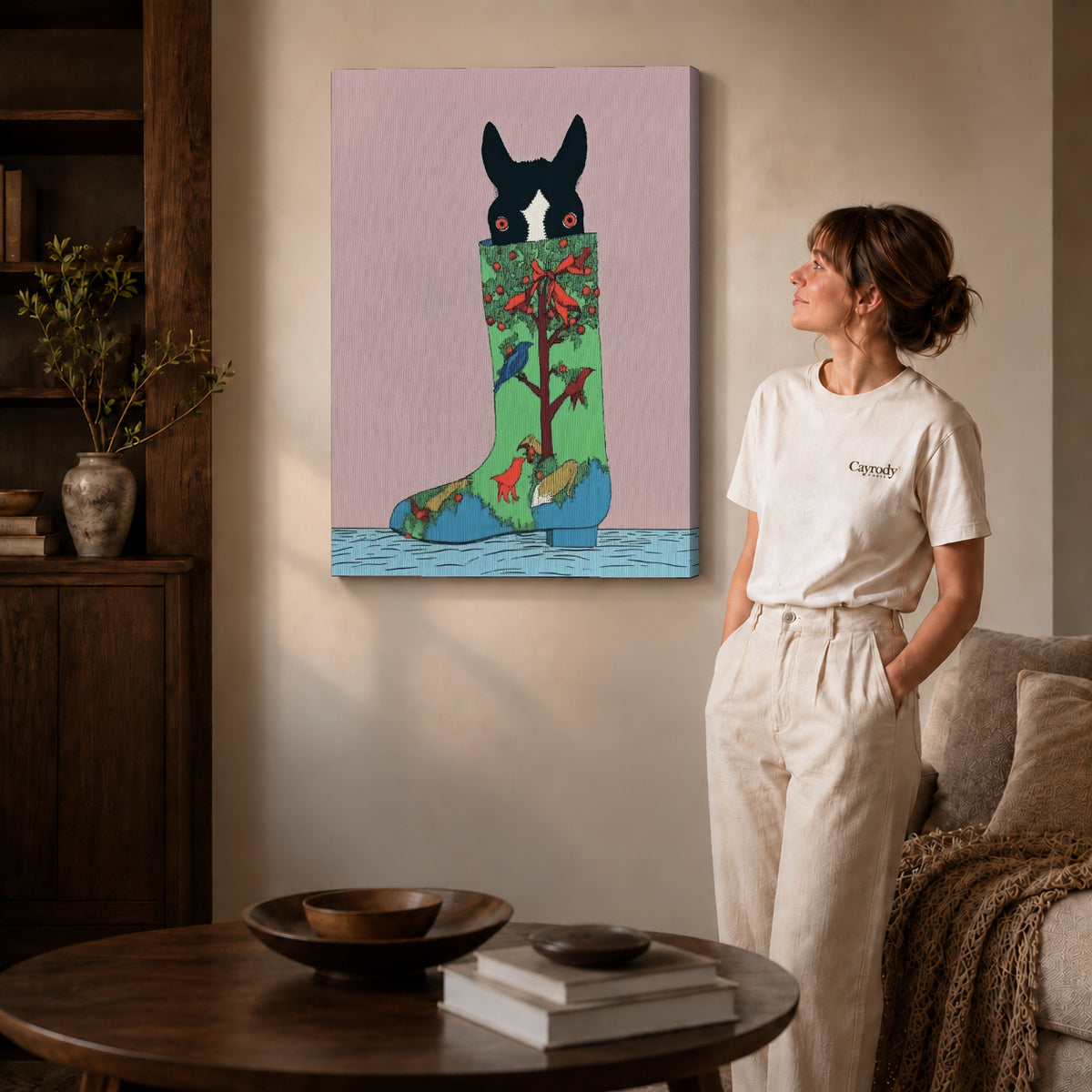 christmas stocking pup canvas art shown in the gallery-wrapped option with visible depth and warm surroundings.