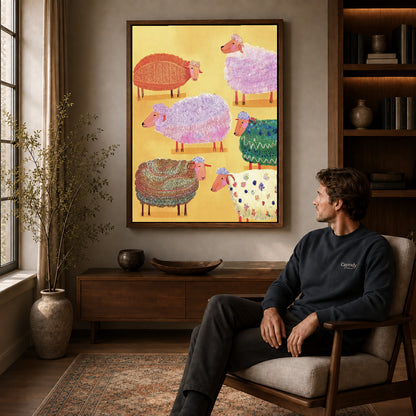 colorful knitted sheep canvas art in a walnut frame above a console beside a seated man.
