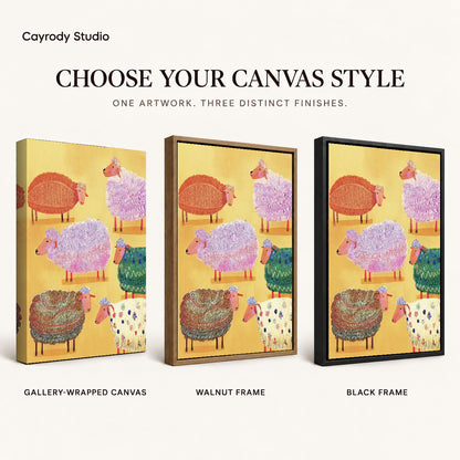 colorful knitted sheep canvas art compared across gallery-wrapped canvas, walnut frame, and black frame finishes.