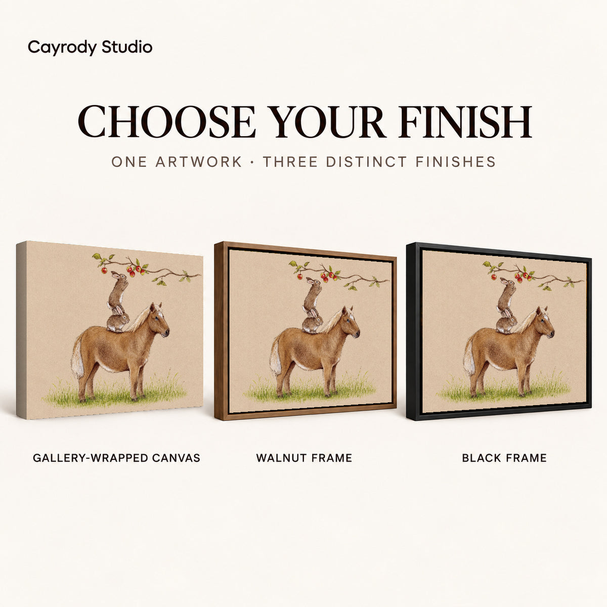 orchard animal team canvas art compared across gallery-wrapped canvas, walnut frame, and black frame finishes.