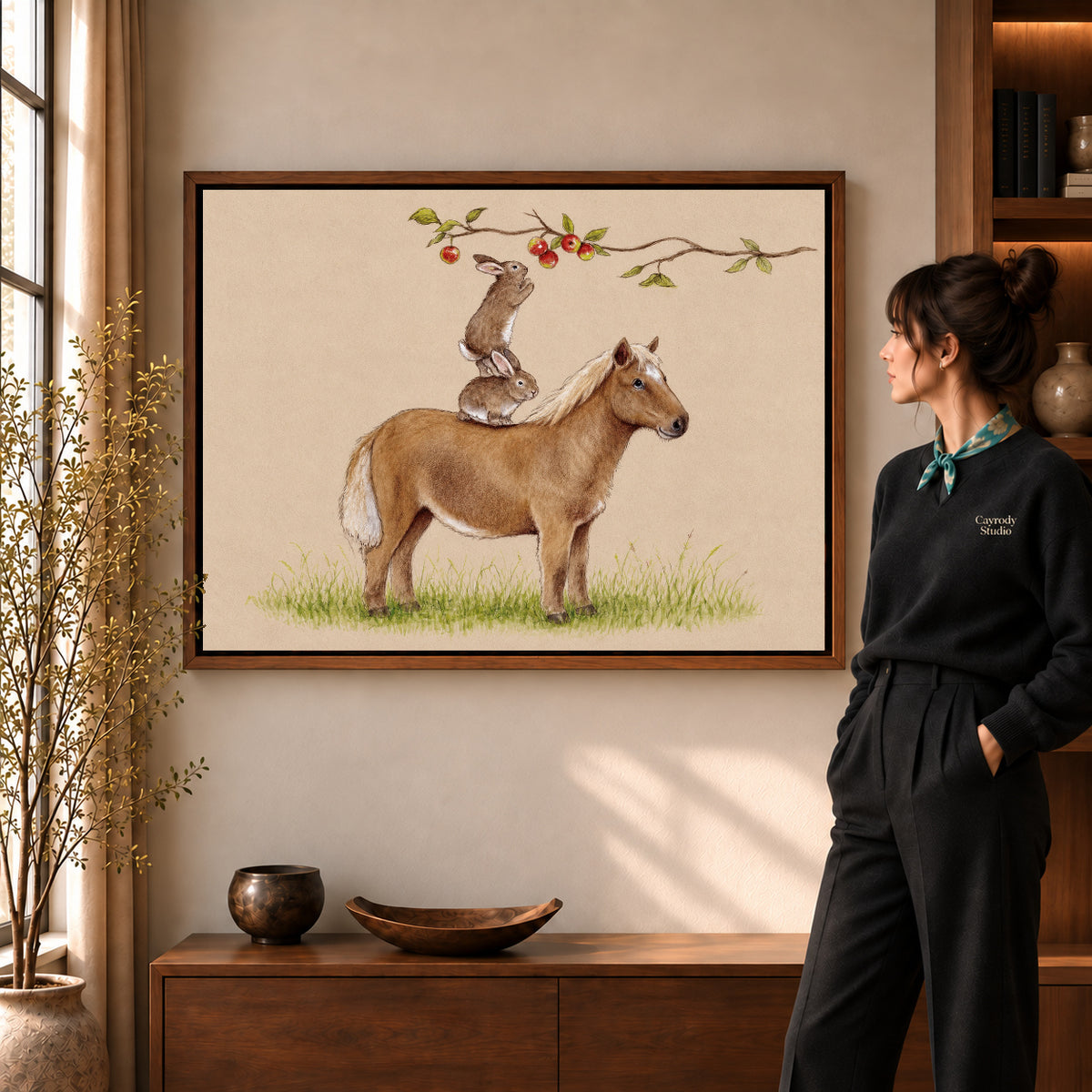 orchard animal team canvas art shown in the walnut frame option within a warm living room.